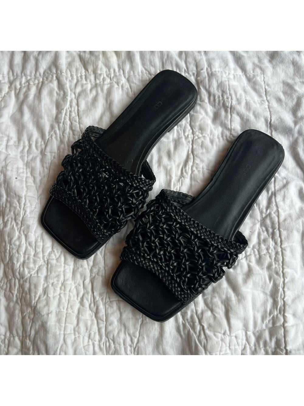 COS Black Woven Leather Flat Slide Sandals